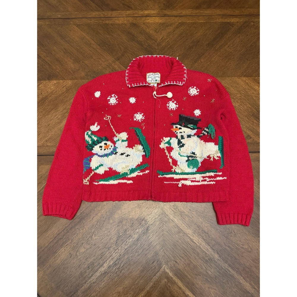 Heirloom Collectibles Vintage Red Skiing Snowman Zip Up Holiday Sweater Petite L